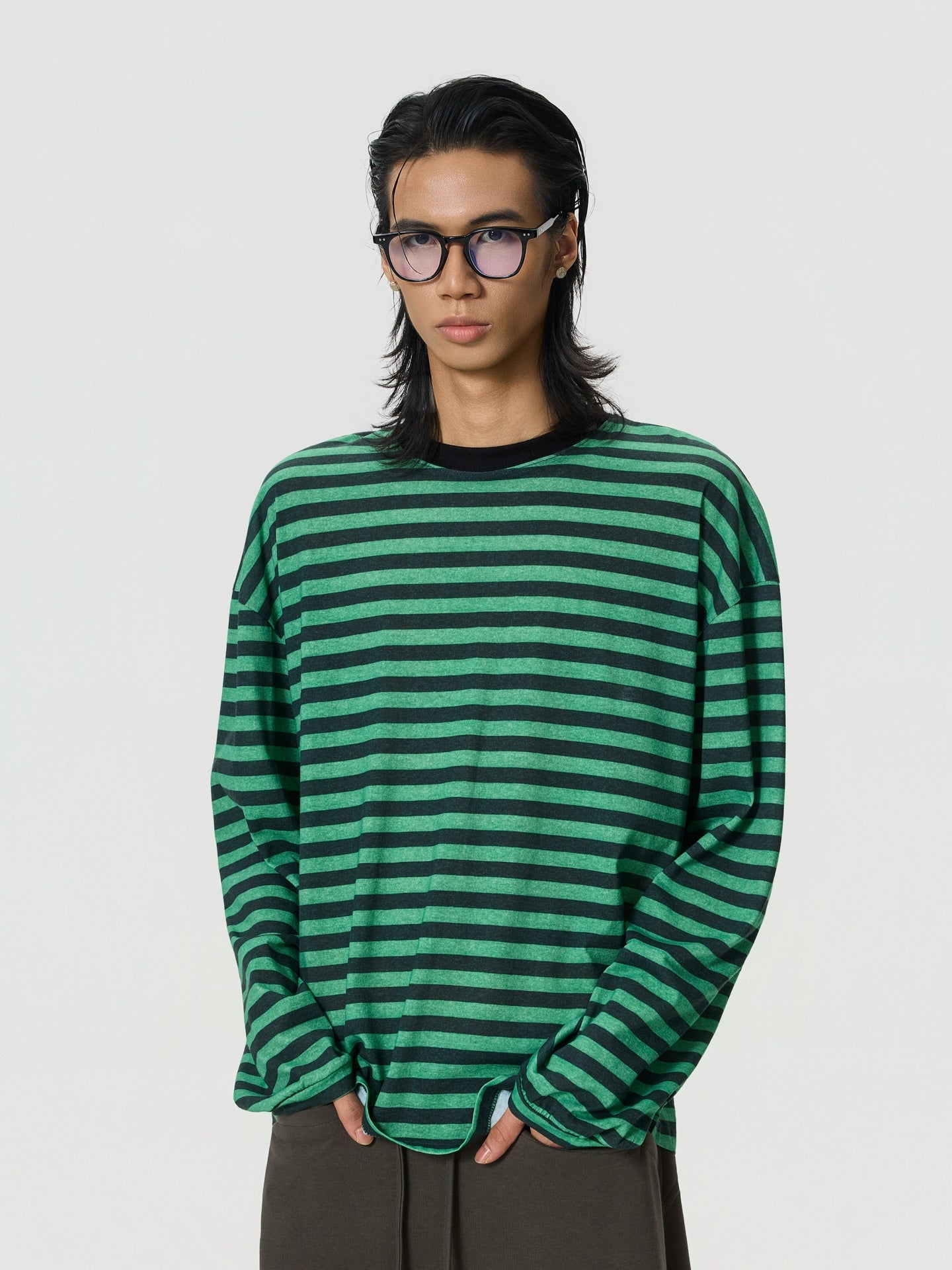 BTSG Vintage Loose Shoulder Black Green Striped Long Sleeve