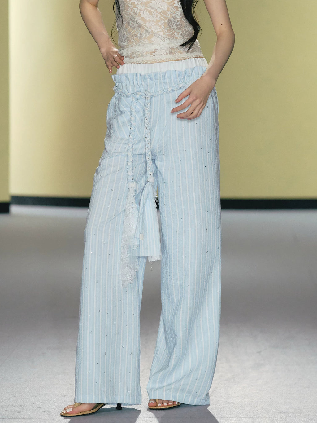 AGAM Striped Braided Drawstring Belt Slim Wide-leg Pants