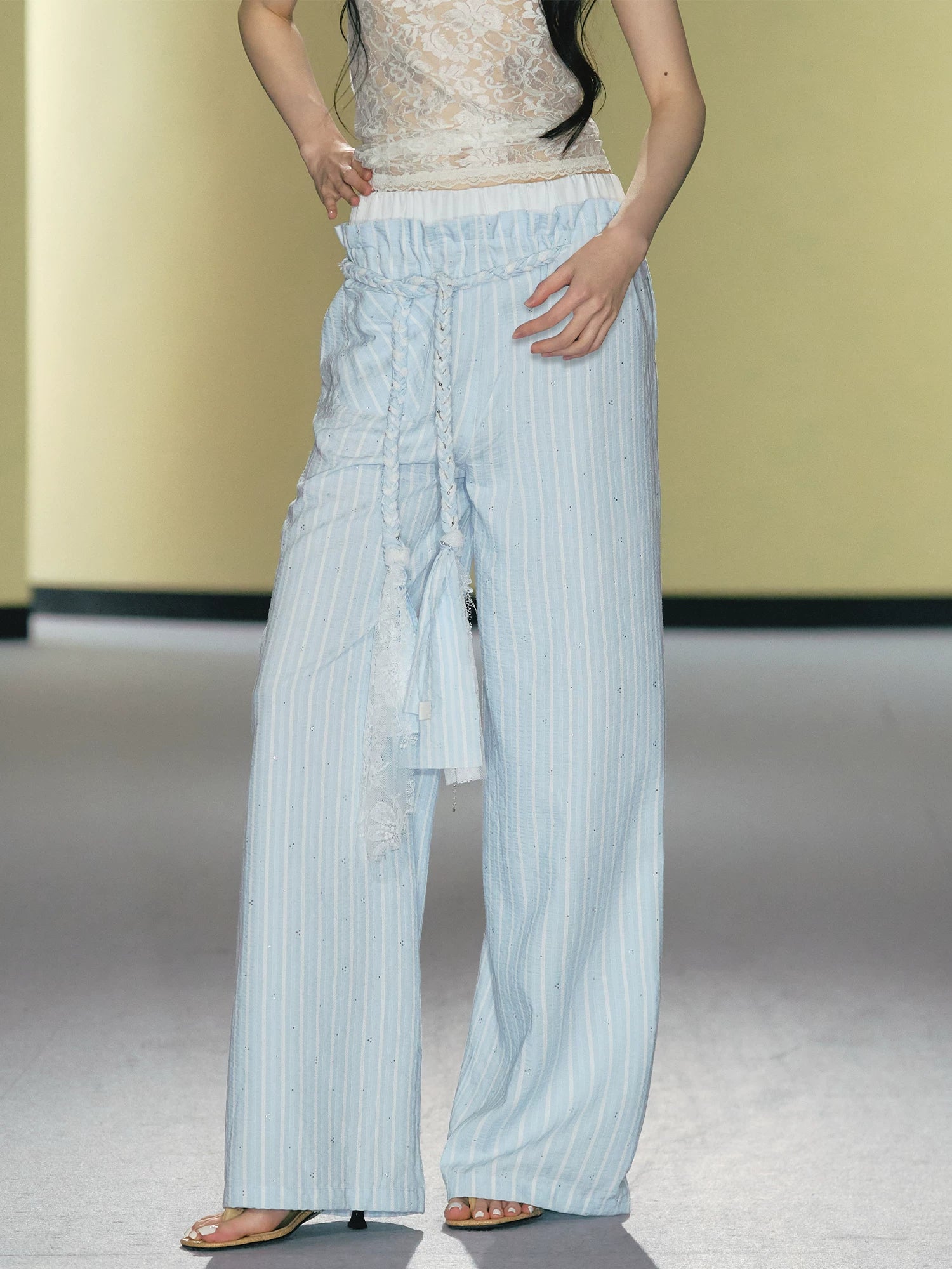 AGAM Striped Braided Drawstring Belt Slim Wide-leg Pants