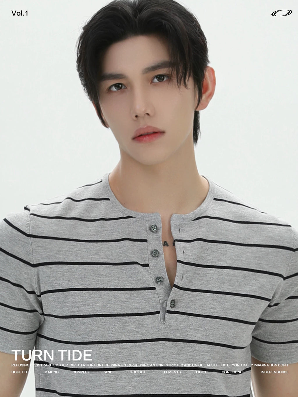 TURNTIDE Henry Collar Striped Slim Casual Tee