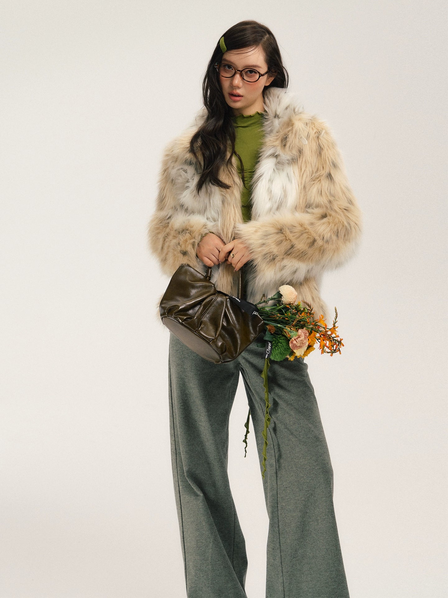 SASSY MOODY Color Matching Leopard Print Warm Thickened Environmentally Friendly Fur Jacket