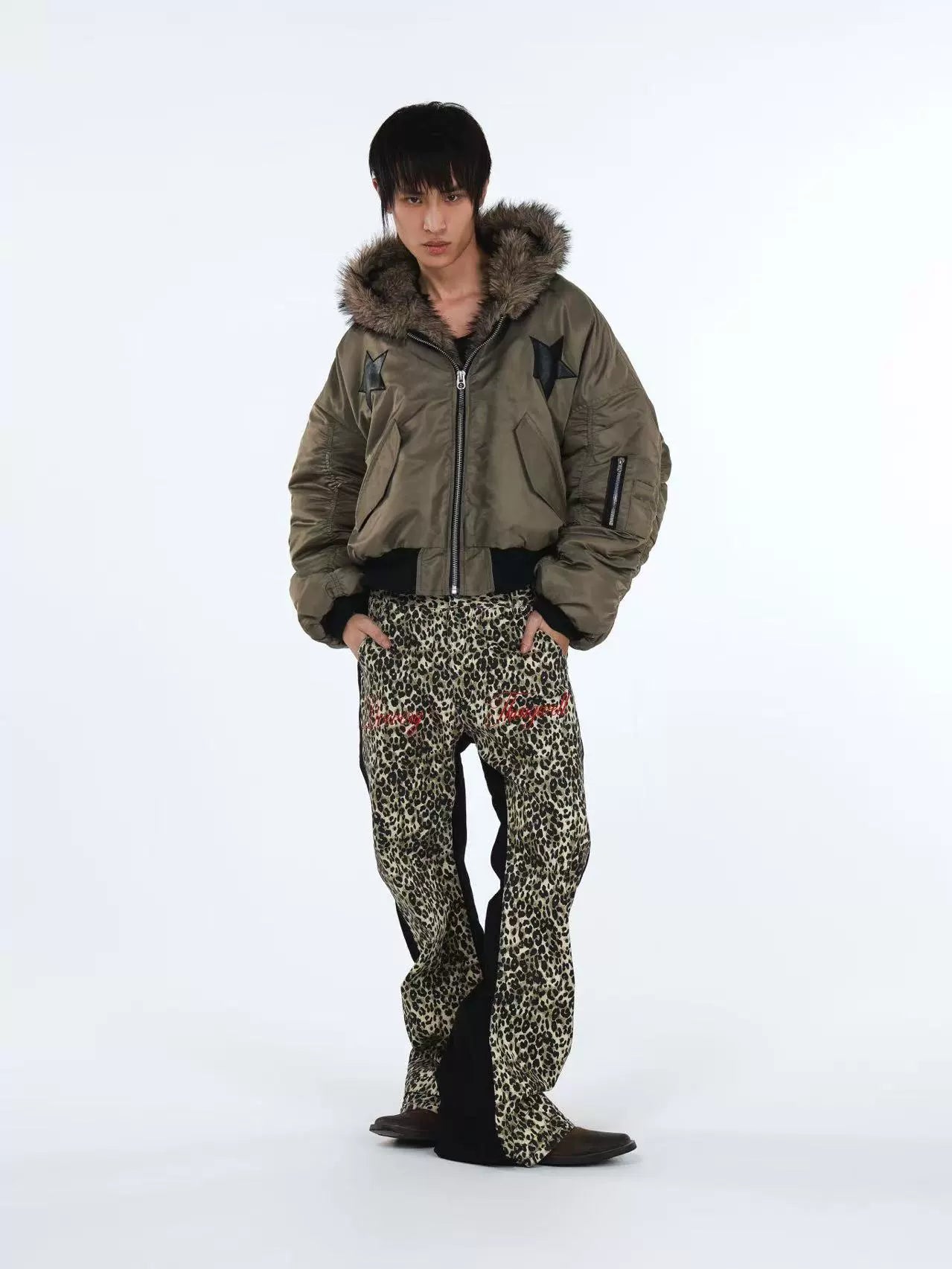 DETW Five-pointed Star Fake Two-piece Fur Collar Hooded Cotton Dress