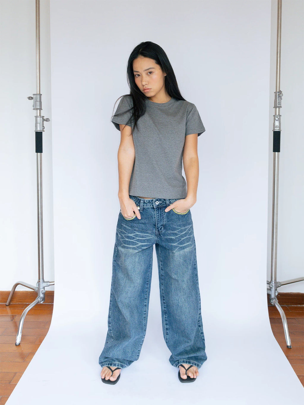 FUNKYFUN Retro Old Contrasting Embroidered Jeans