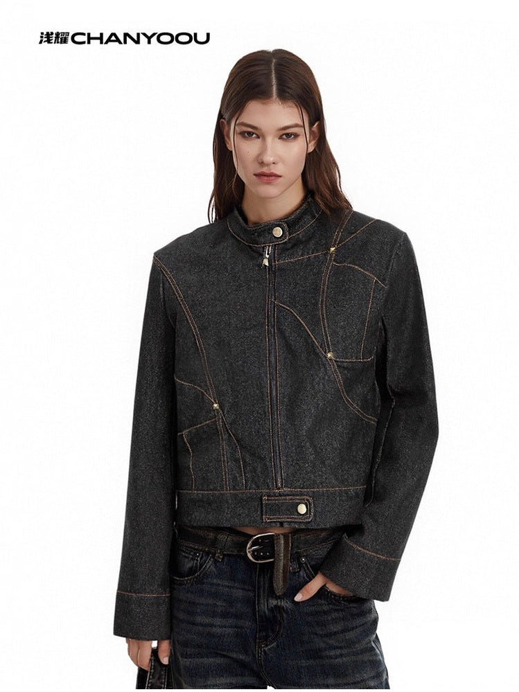 CHANYOOU Vintage Stand-up Collar Deconstructed Denim Jacket