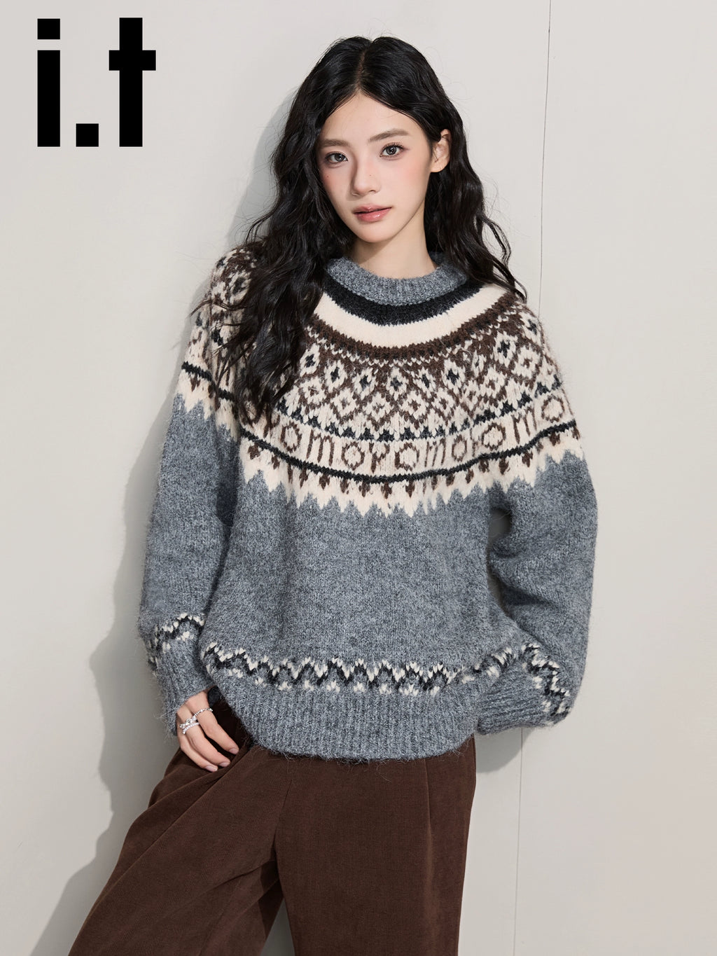 IT: CHOCOOLATE Jacquard Crew Neck Pullover Vintage Loose Wool Knitted Sweater