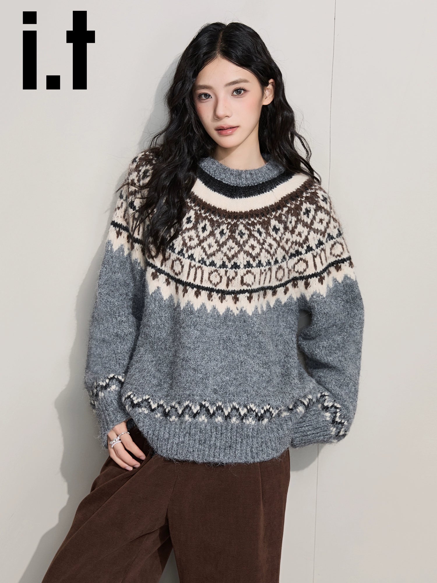 IT: CHOCOOLATE Jacquard Crew Neck Pullover Vintage Loose Wool Knitted Sweater