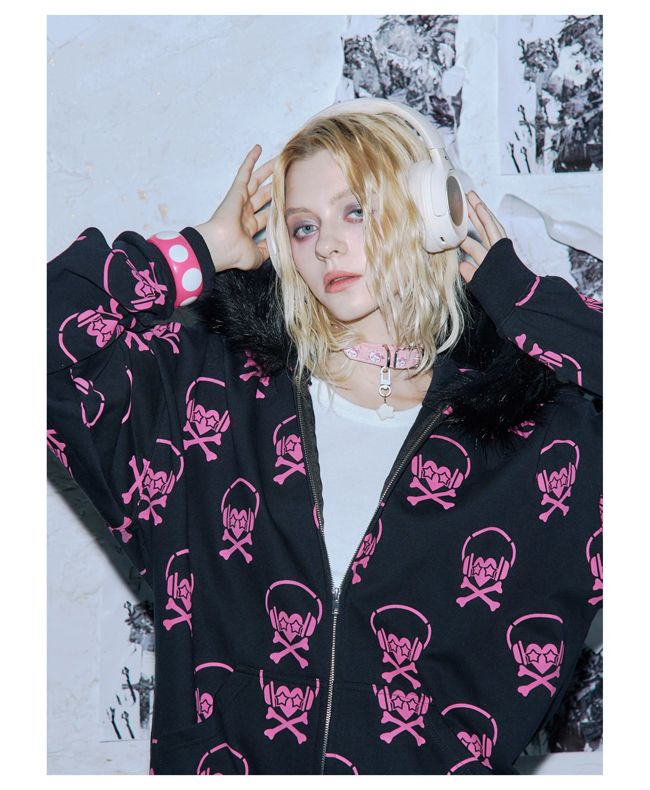 PAIKI Full of Headphones Skull Fur Collar Jacket