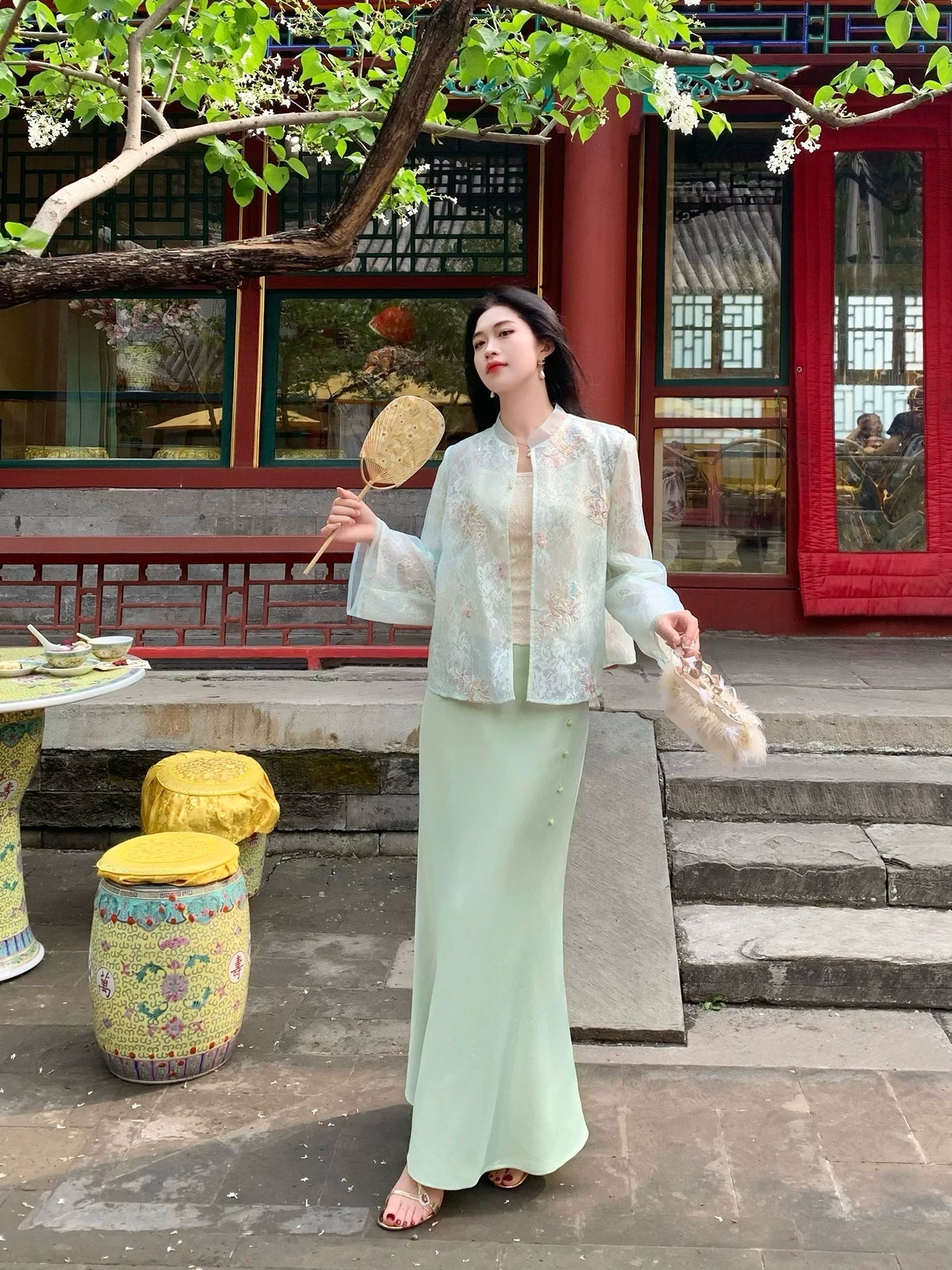 ZIHE Lace Embroidered Top Satin Skirt Set