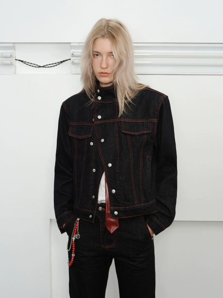 KREATE Contrasting Bright Line Diagonal Placket Stand-up Collar Denim Jacket