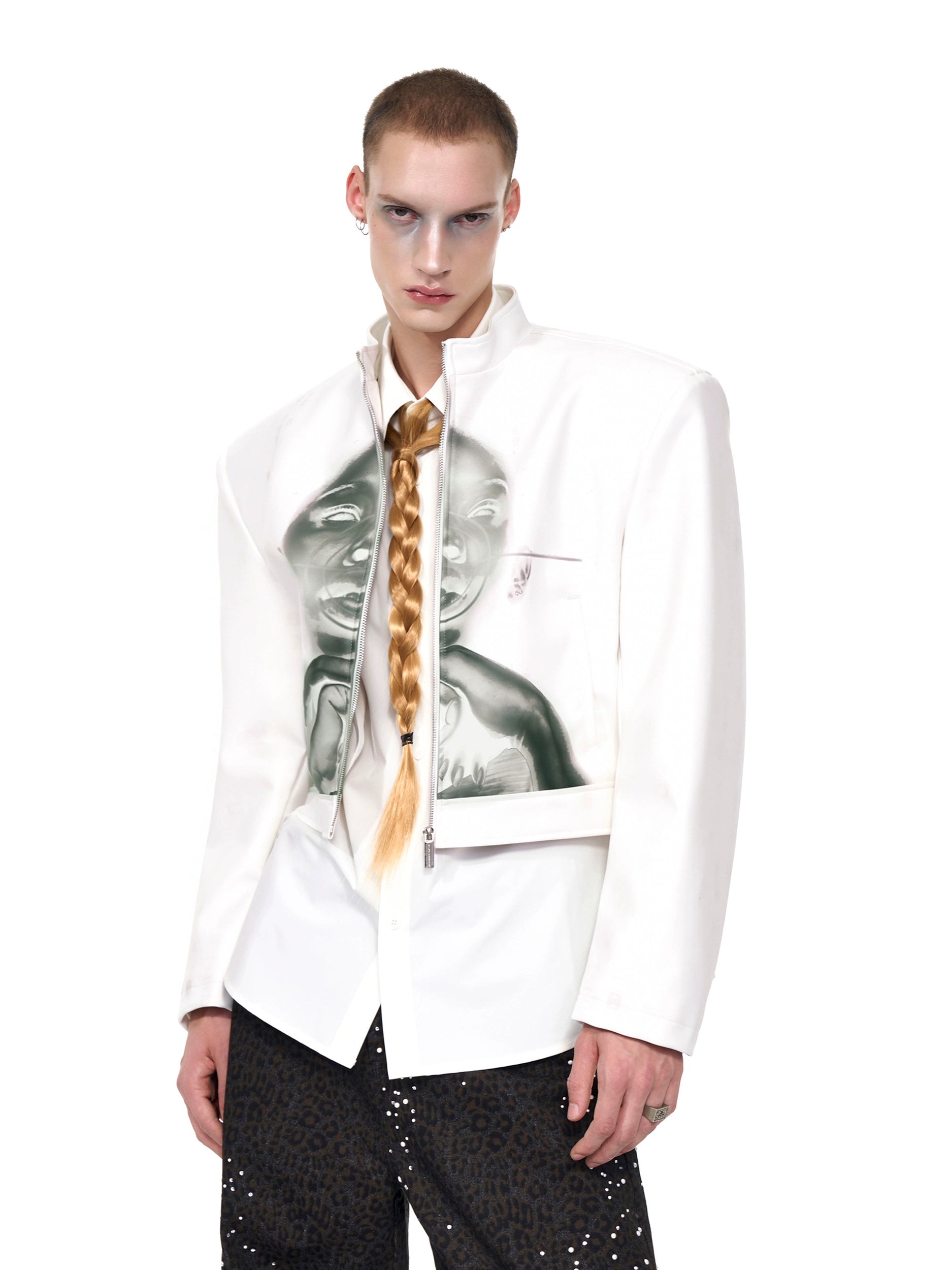 SEE Portrait Print Short Leather Jacket