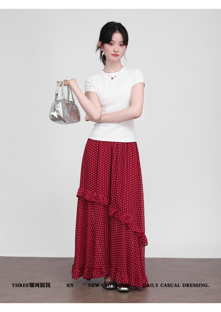 Three High Waist Thin Irregular Ruffle Edge Polka Dot Skirt