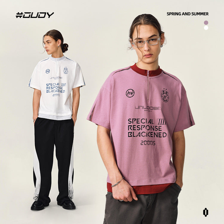 OVDY Cross-border Sports Splicing Printed Matching Short-sleeved Tee.