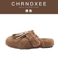 CHRNDXEE Leather Fringed One-pedal Flat-soled Fluffy Shoes