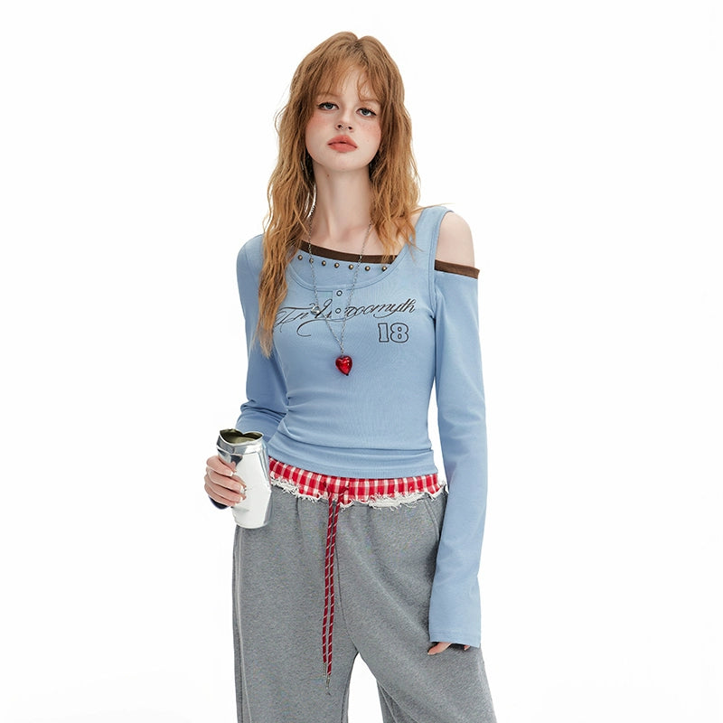 UNIFREE Long Sleeve Slash Shoulder Printed Chain Wide Leg Straight Floor Mopping Jeans