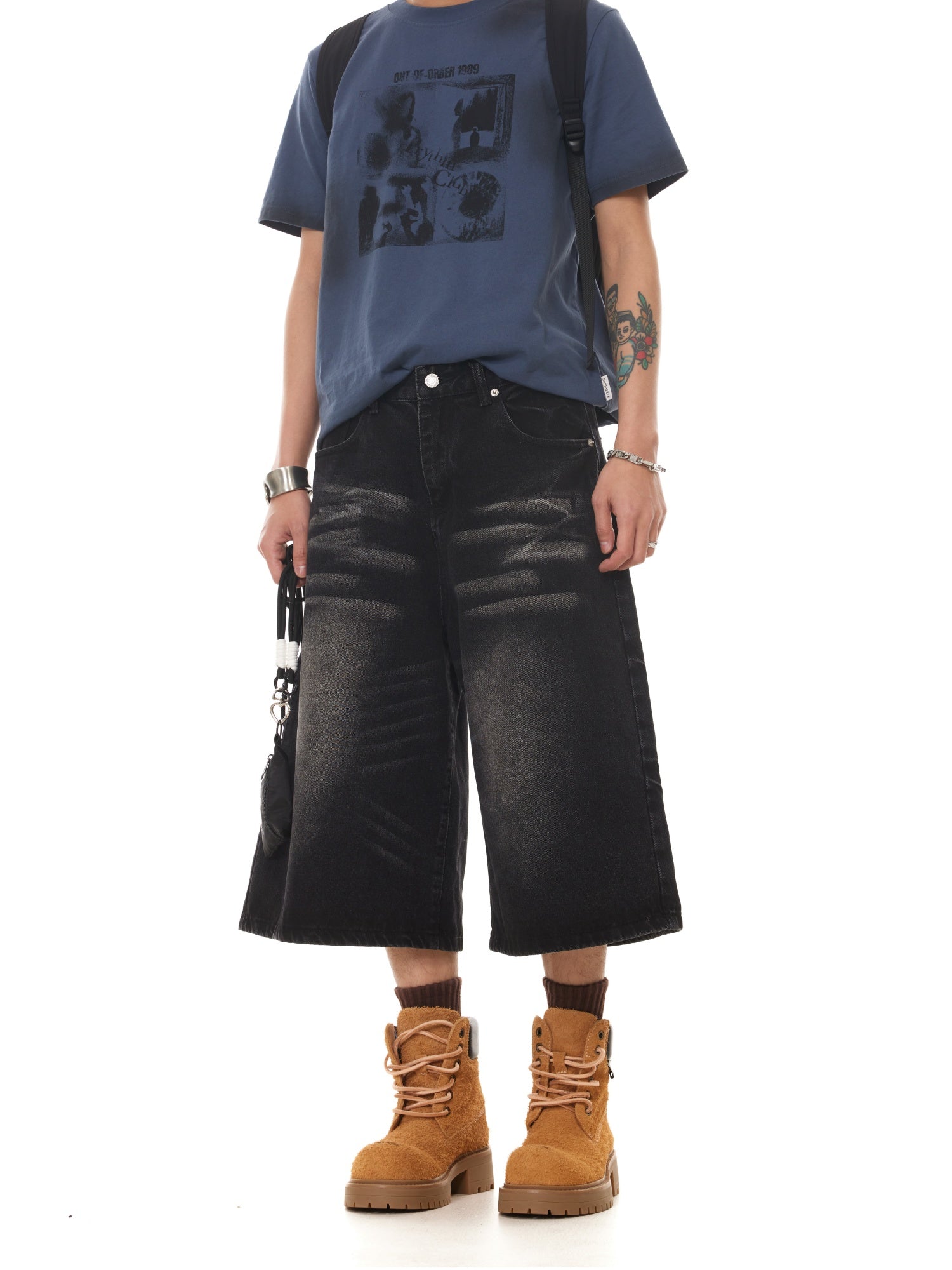BTSG washed cat beard loose wide-leg denim shorts