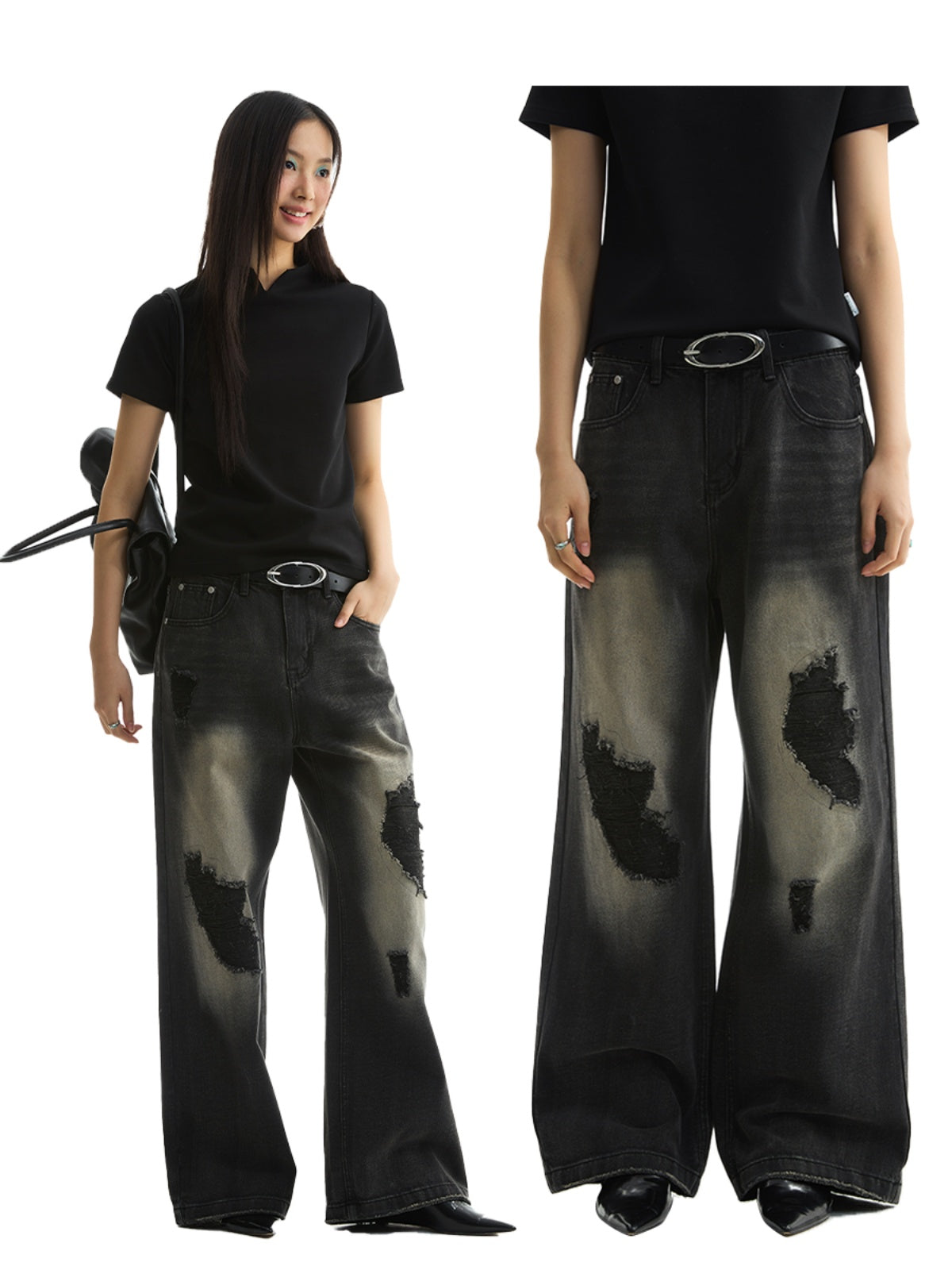 FUNKYFUN Irregular Ripped Patch Straight Jeans