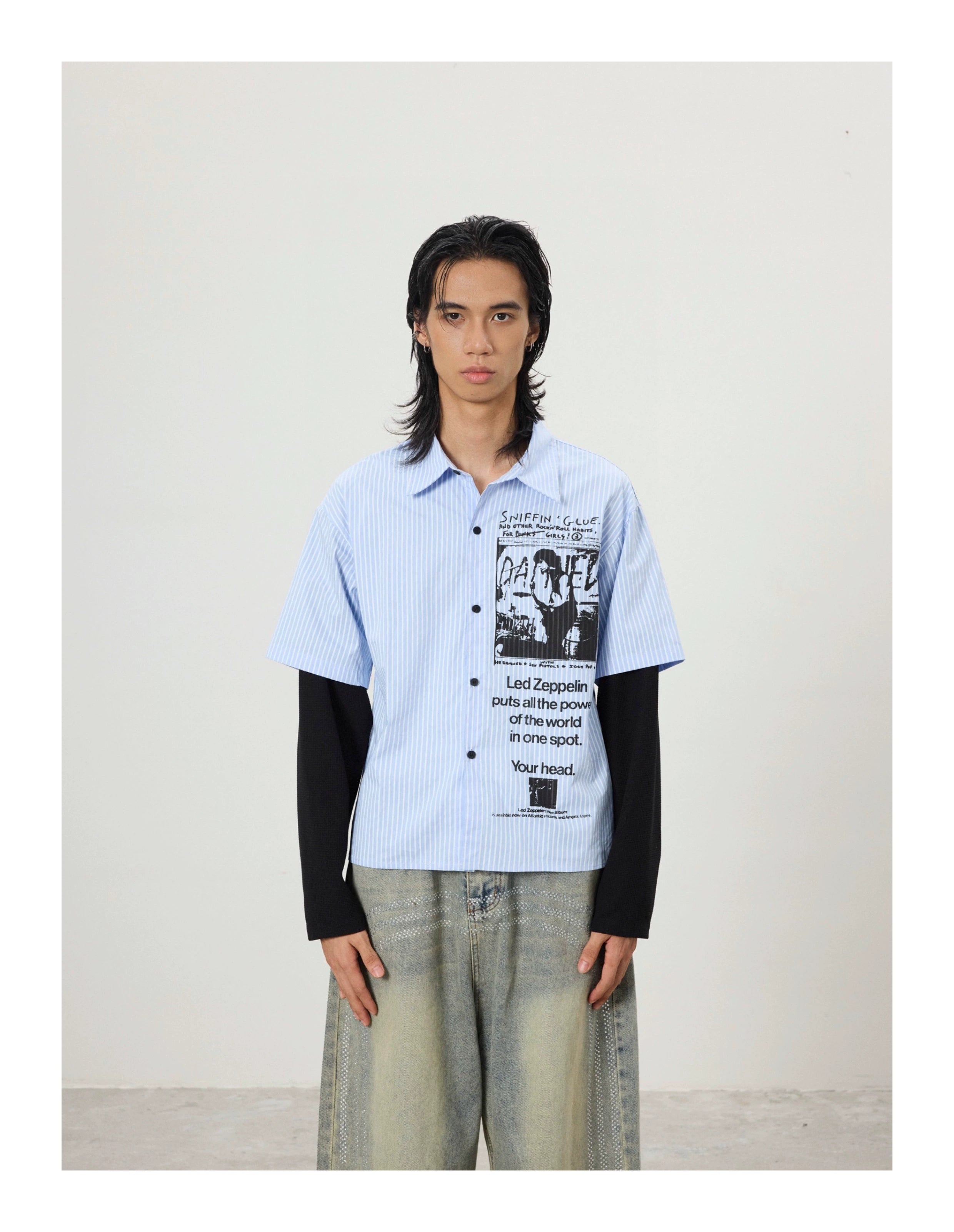 BTSG Vintage Graffiti Fake Two Piece Design Long Sleeve Shirt Jacket