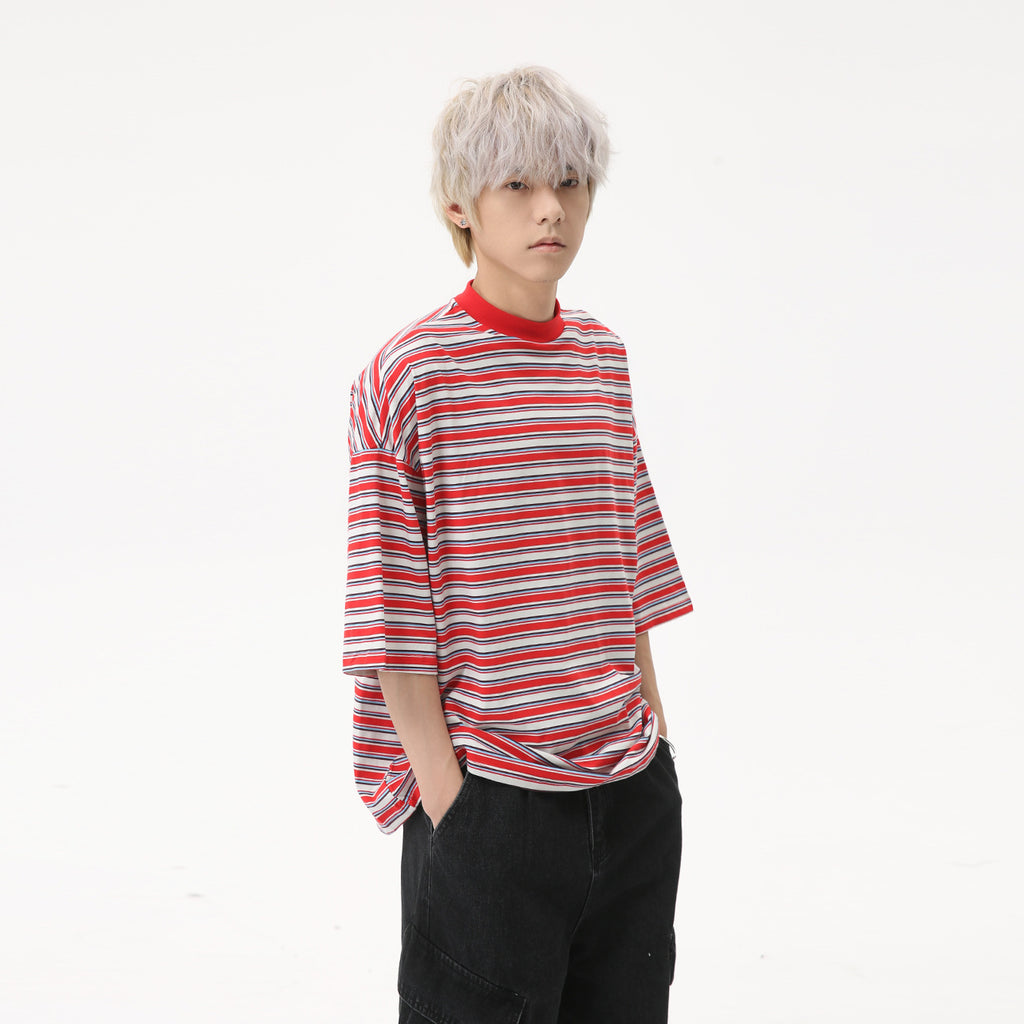 MTLCLOTHES Korean Version Striped Contrasting Retro Loose Tee
