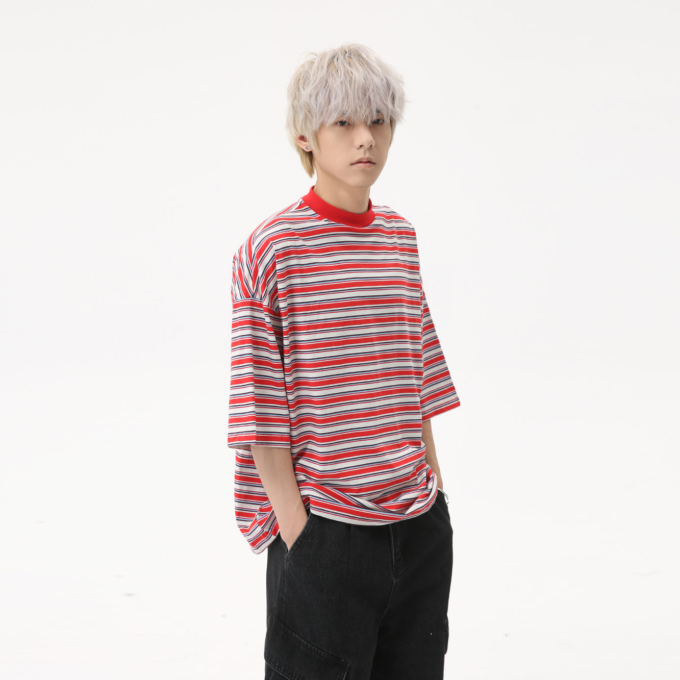 MTLCLOTHES Korean Version Striped Contrasting Retro Loose Tee