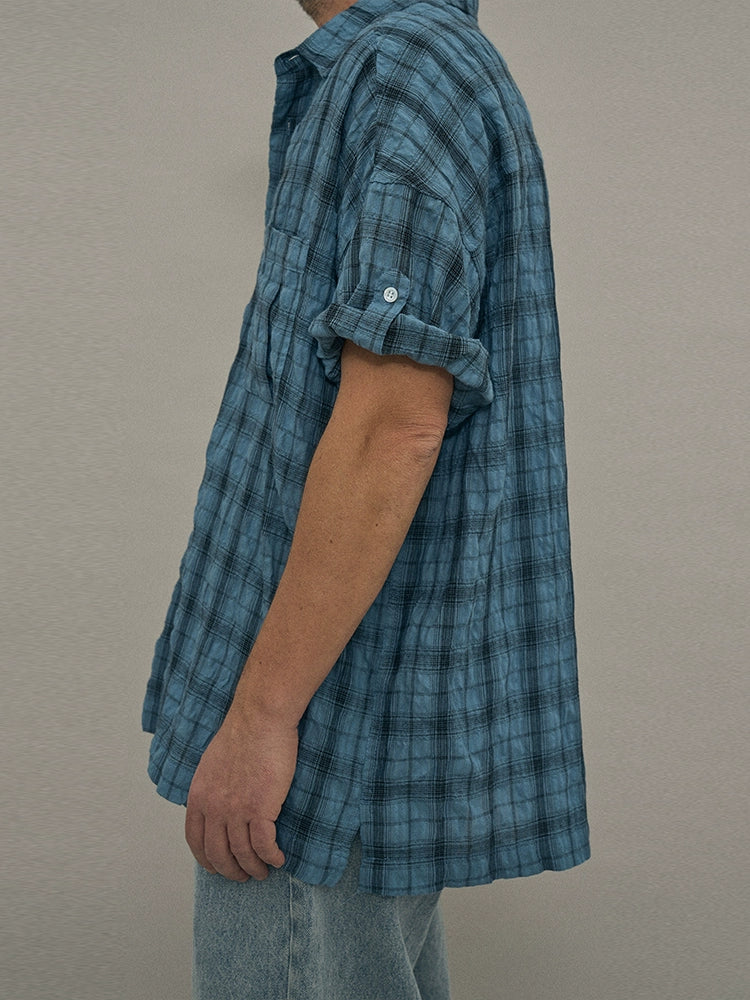 PARTIMENTO Loose Casual Pleated Plaid Shirt