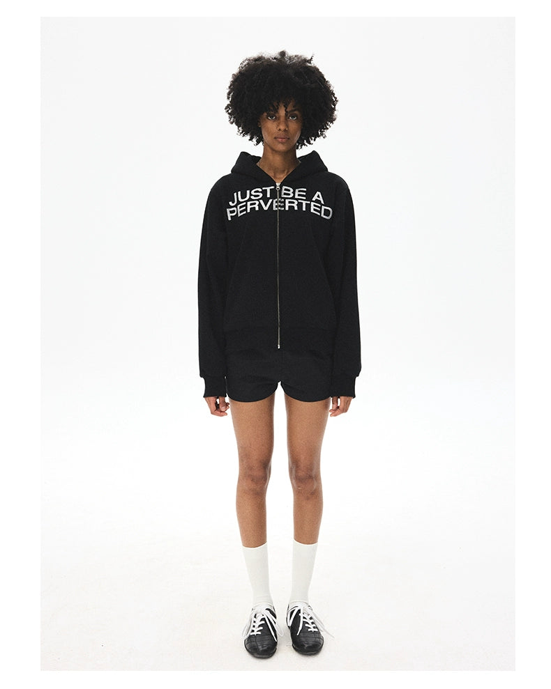 CRICLE Letter Print Hooded Zip Sweater