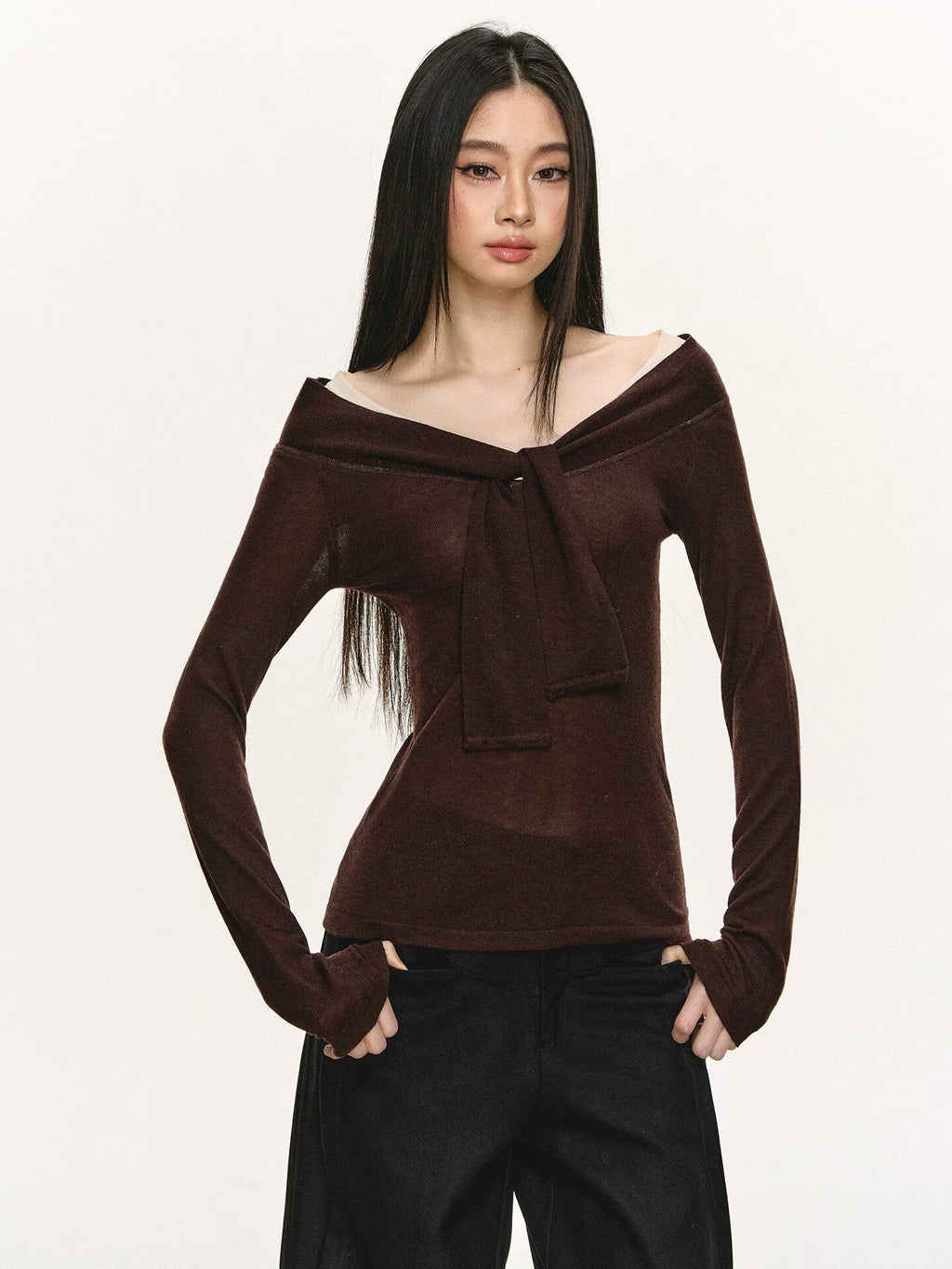 Anna Aneae Fake Two-piece Bow Strap Long Sleeve