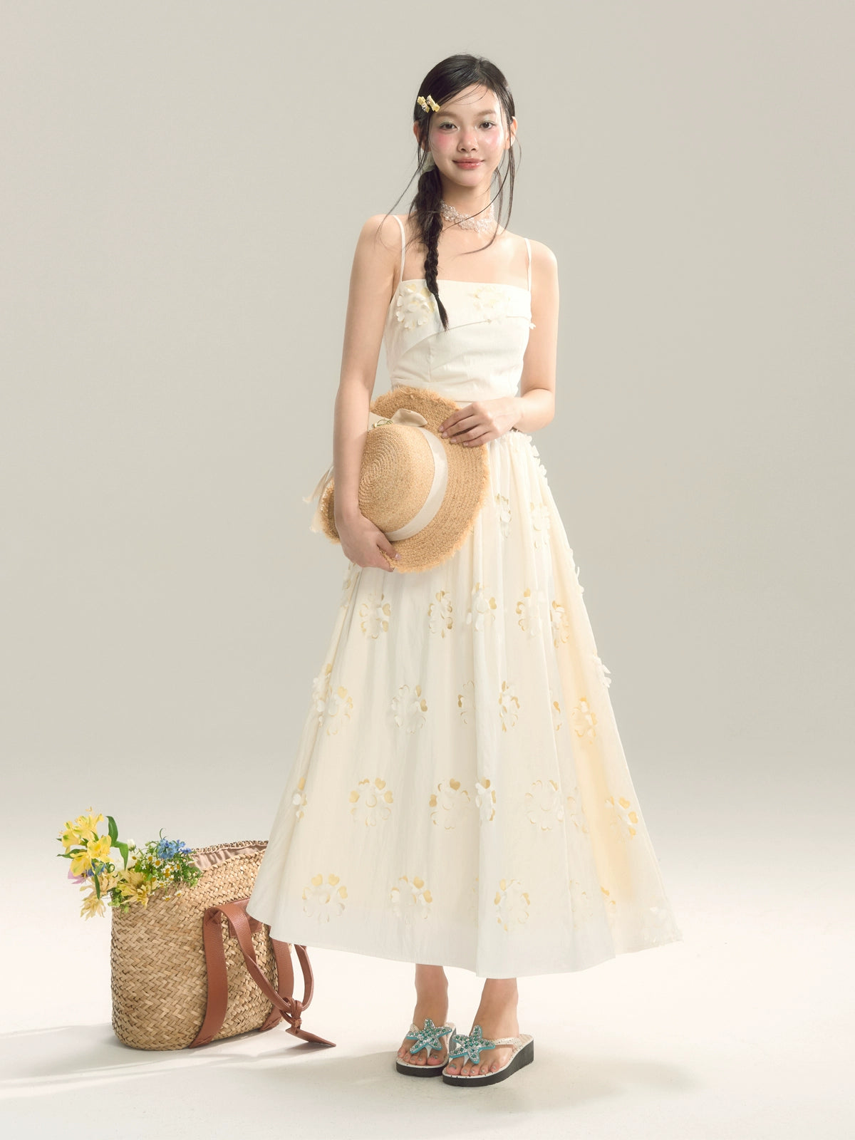 SASSY MOODY Hollow and Thin Waist Splicing Holiday Suspender Dress