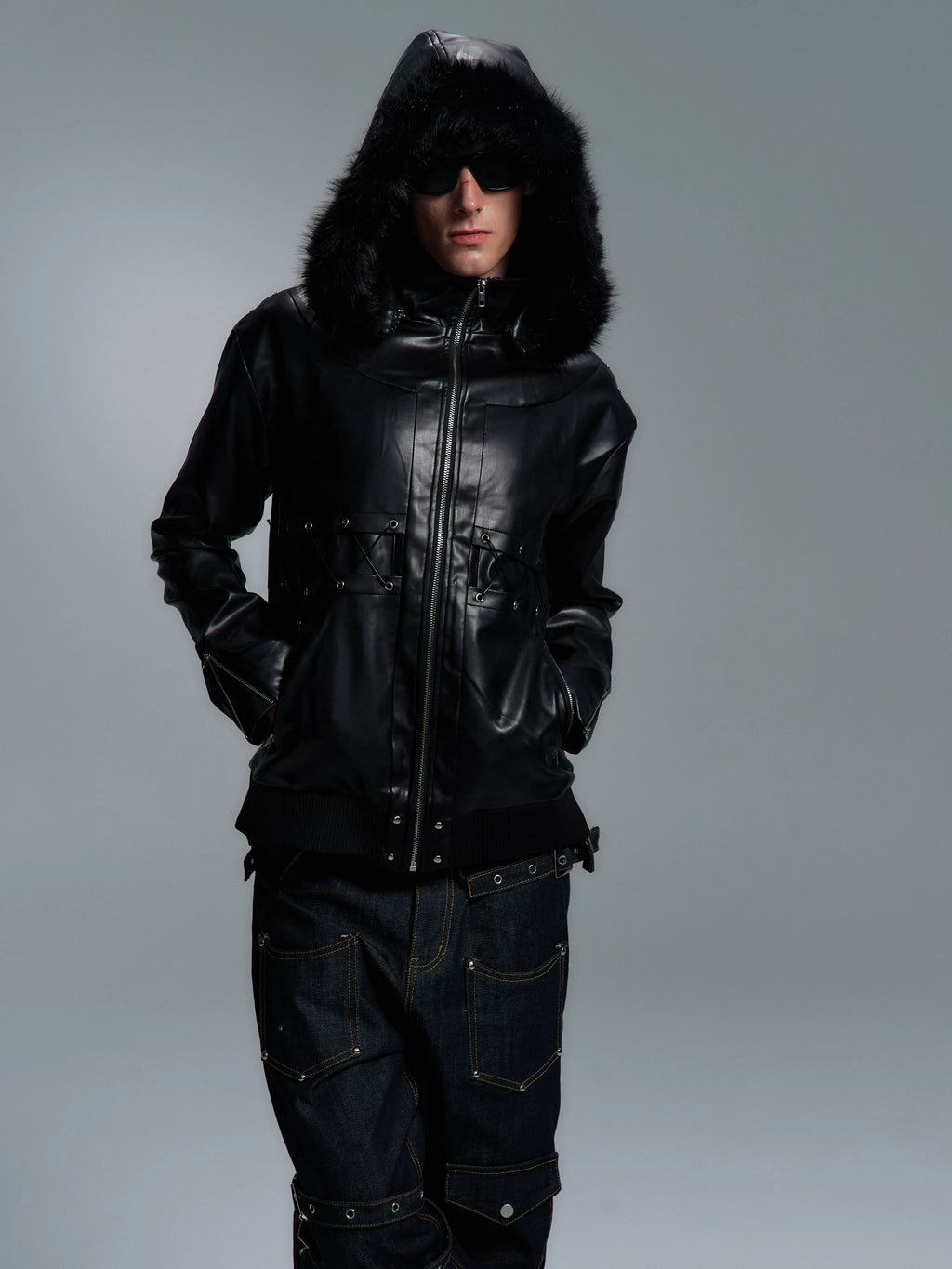 PAIKI Cross Strap-on Leather Jacket Sweater Collar Jacket