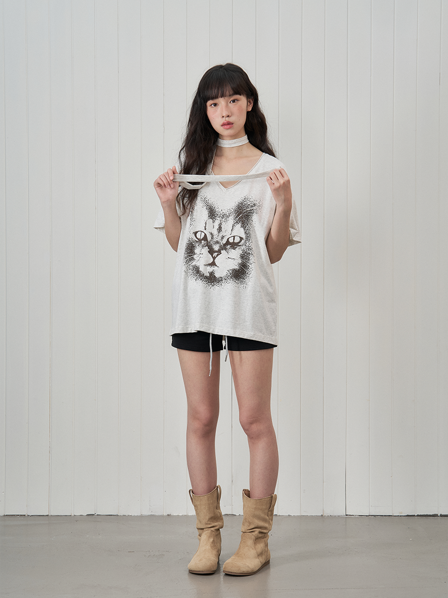 UnderStress Ink Cat Face Print Lazy Wind V Neck Tee