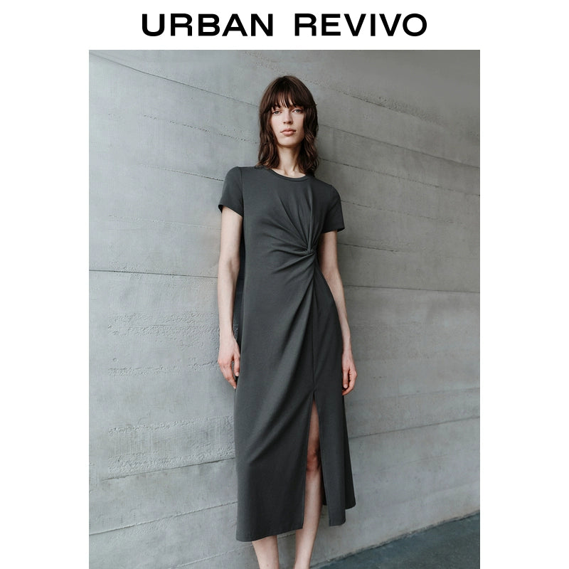 URBAN REVIVO Pleated Slit Slim Short Sleeve Dress