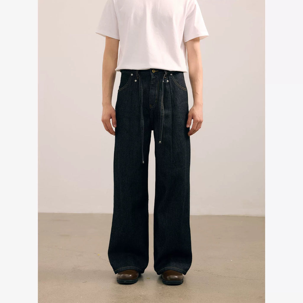 NO LOGO Kanglong Black Feather Kendo Double Pleat A-Line Loose Straight Jeans