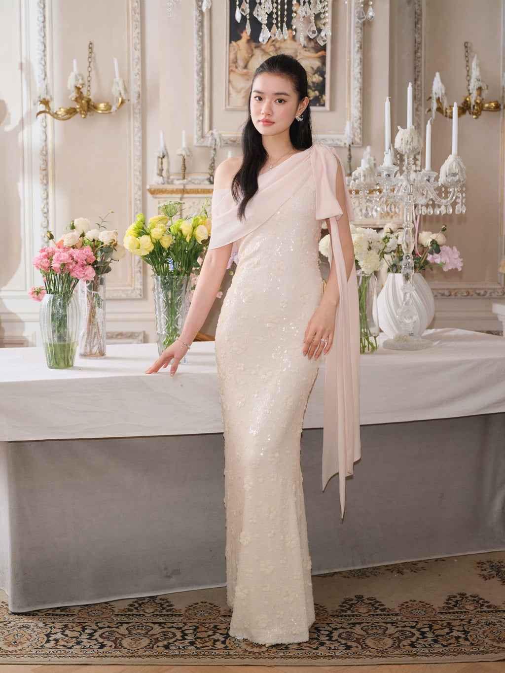 J TheChosen Slanted Shoulder Sequined Stretch Slim Dress
