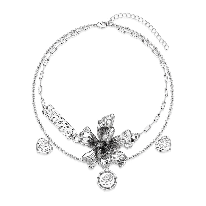 1JINN Retro Metal Three-dimensional Flower Double-layer Clavicle Chain