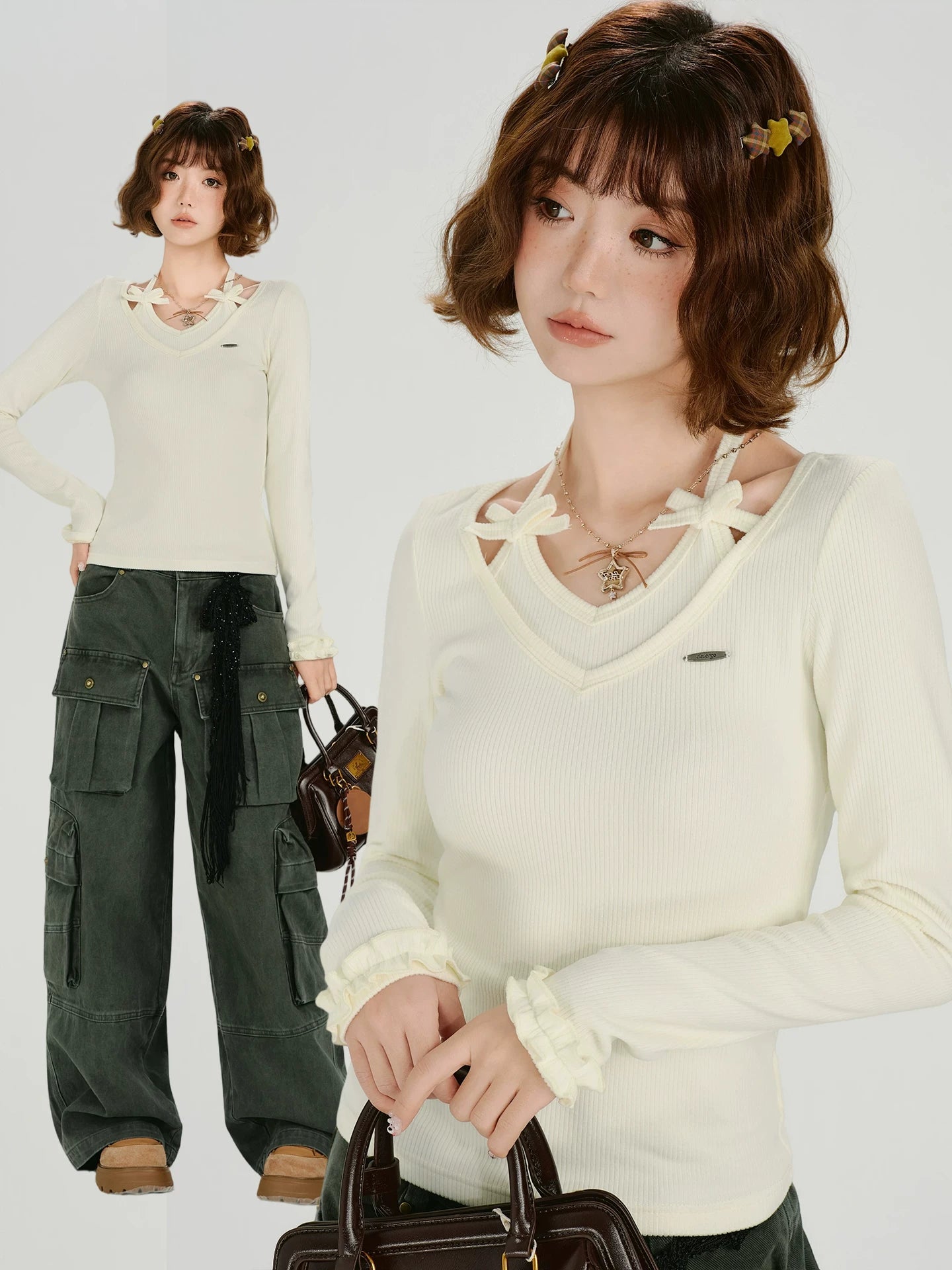 Girlyhalo Vintage Fake Two Piece Neck Slim Long Sleeve