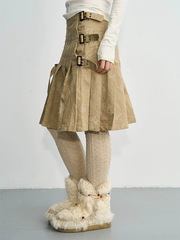 Enteralt Double Pin Buckle Medium High Waist Versatile Pleated Skirt