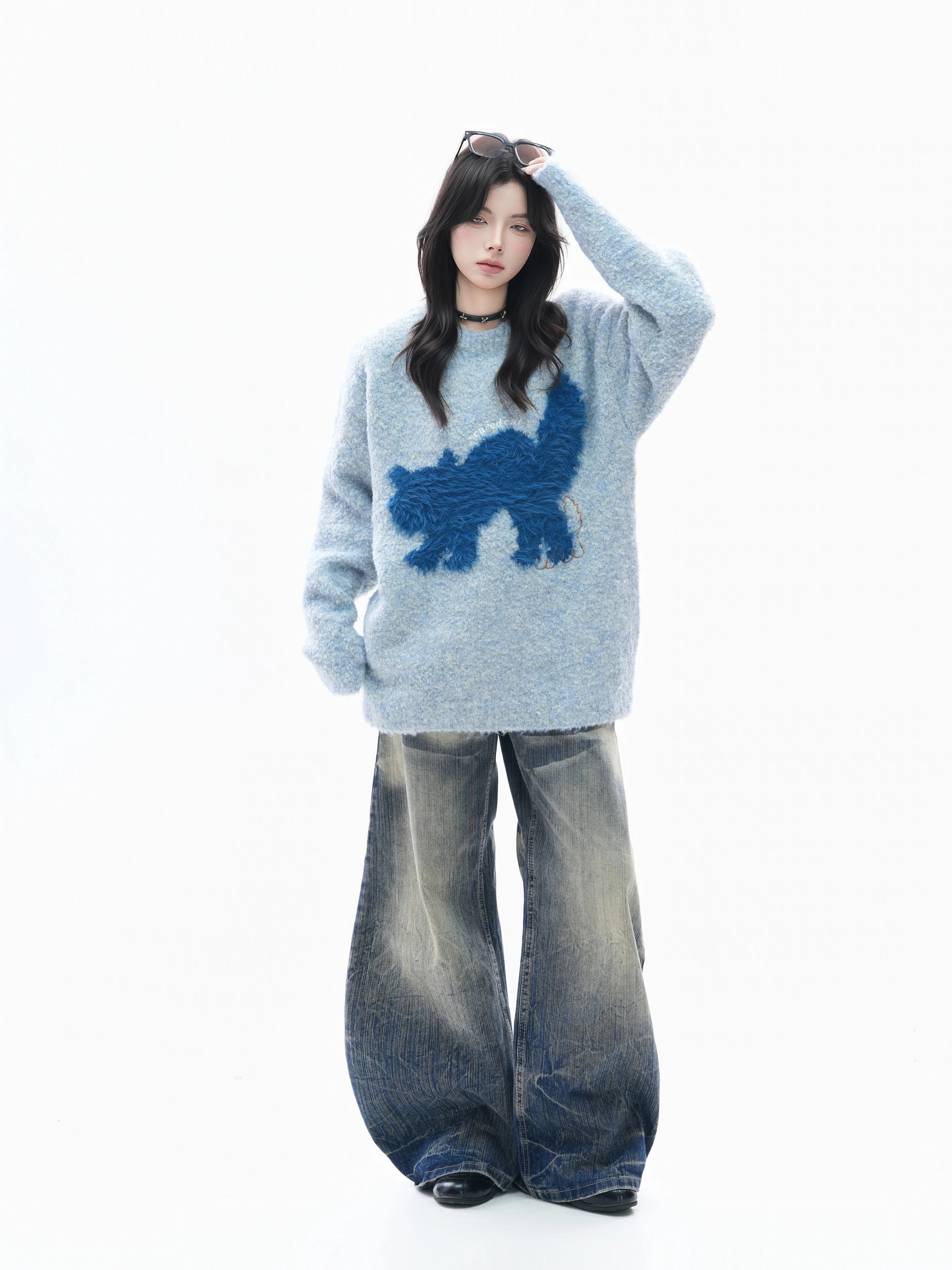 Zuocisankon Plush Cat Jacquard Sweater