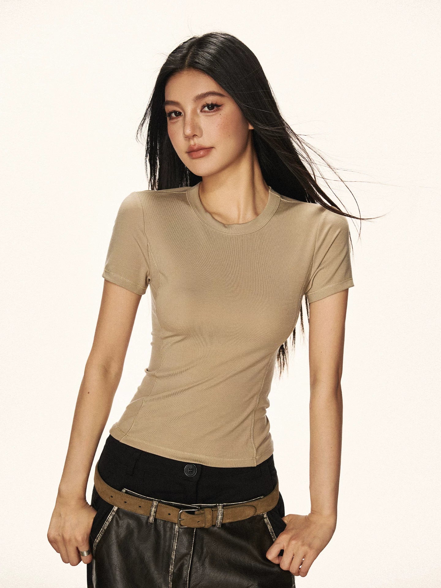 Cherry Melody American Retro Tencel Fitted Crew Neck Tee
