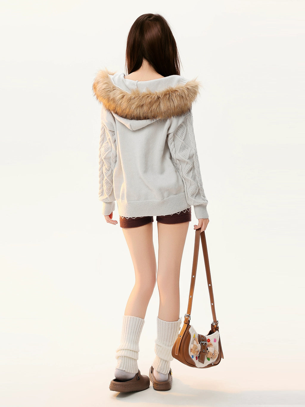 Mershier Fur Collar Twist Hooded Knitted Jacket