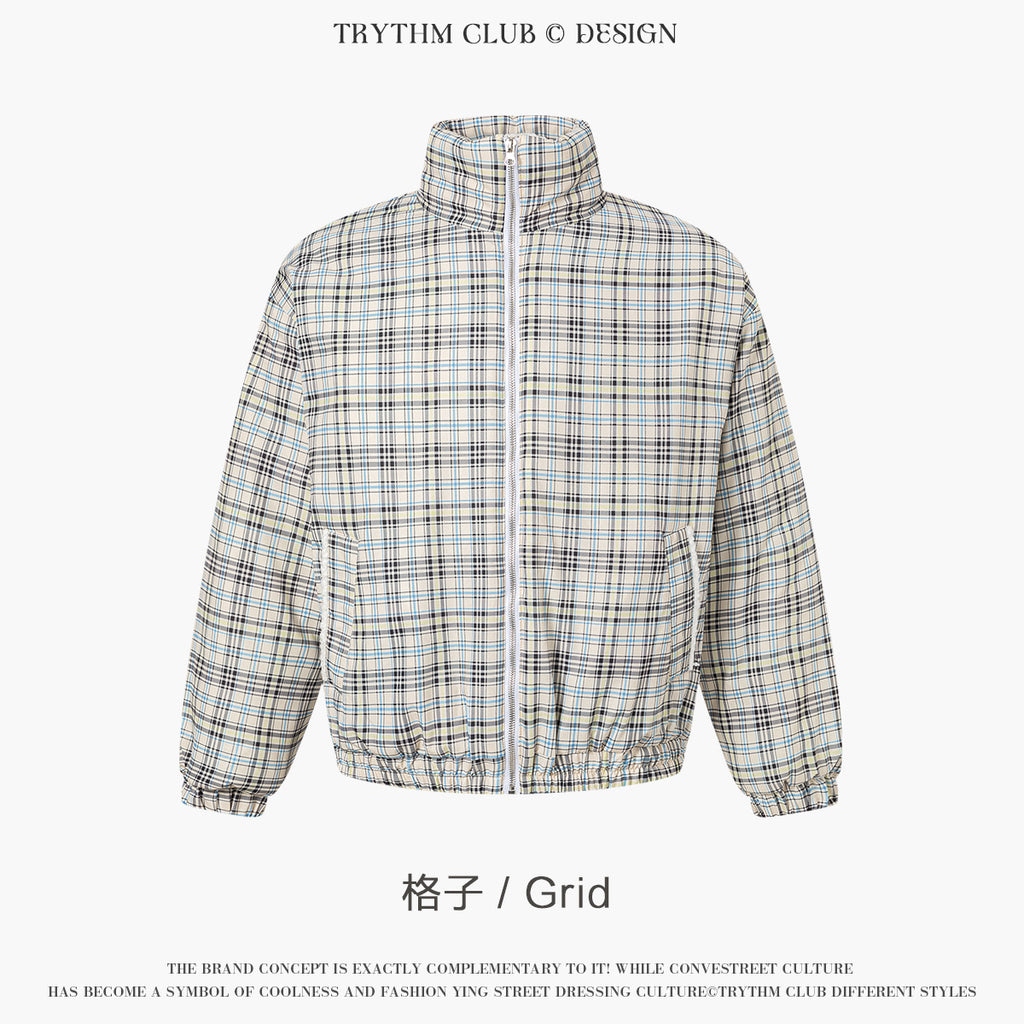 TRYTHMCLU Vintage Plaid Stand-Up Collar Cotton Suit