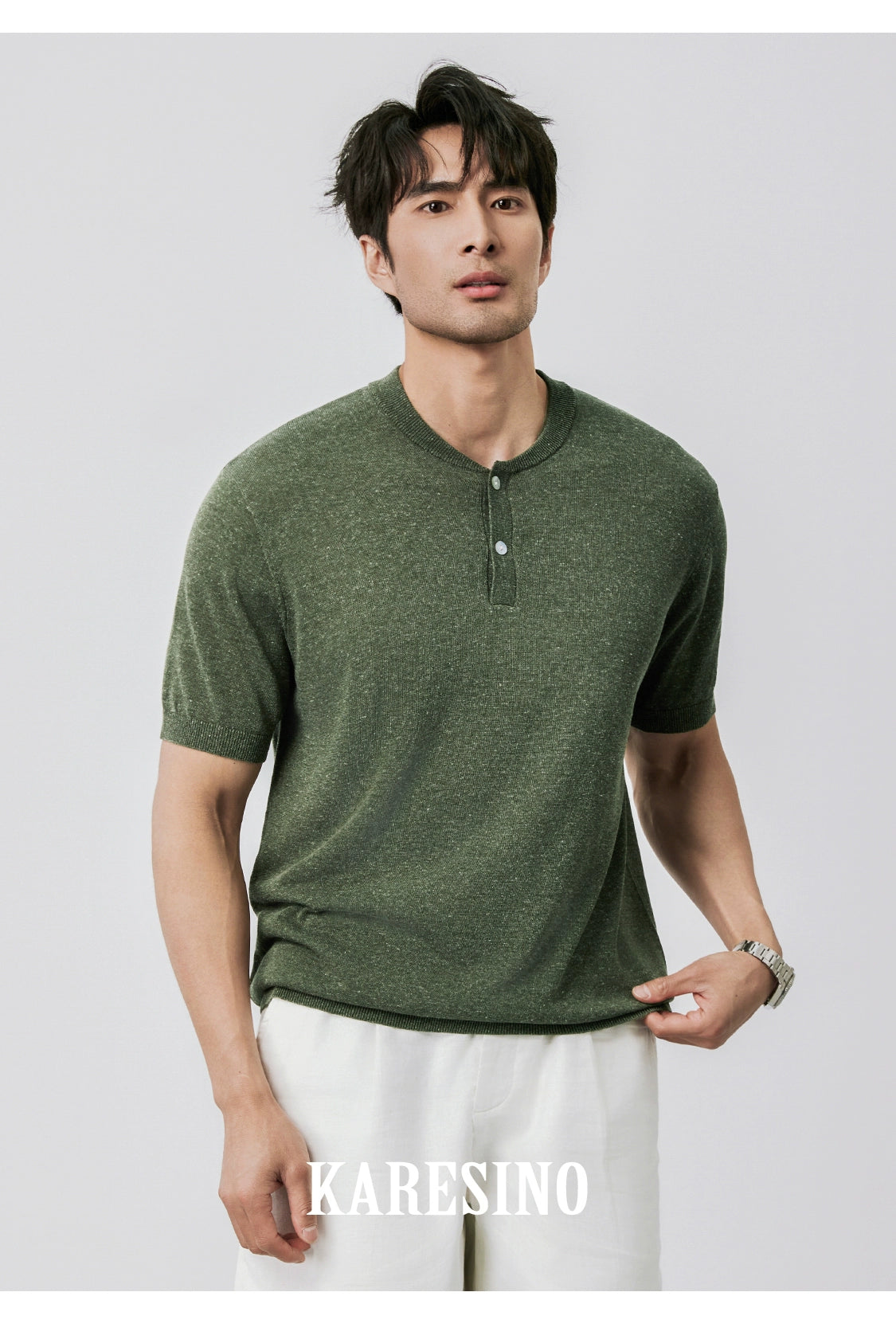 KARESINO Henry-neck Casual Knitted Polo Shirt