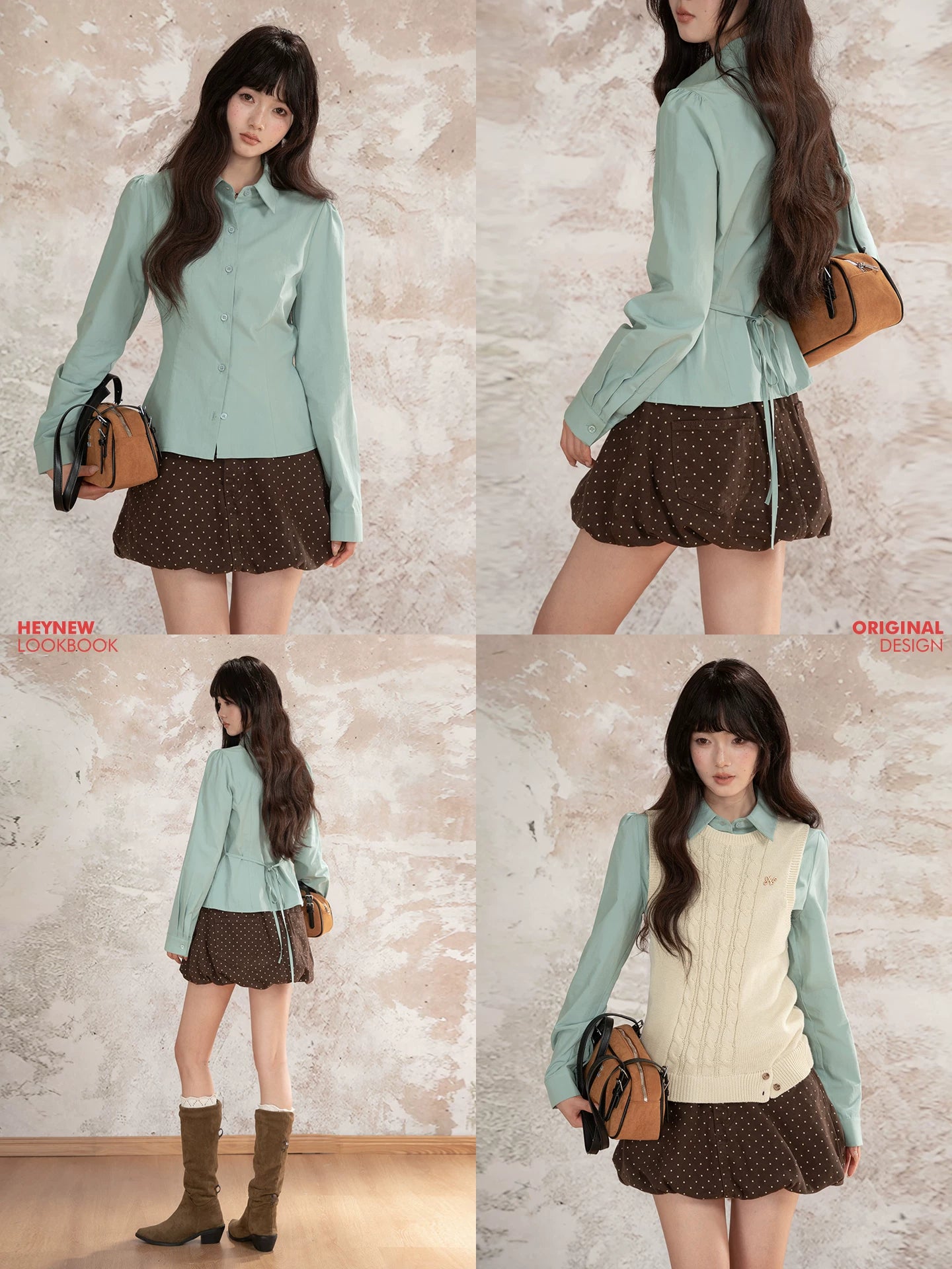 LOVEHEYNEW Waist Skinny Lace-Up Polo Neck Long Sleeve Shirt