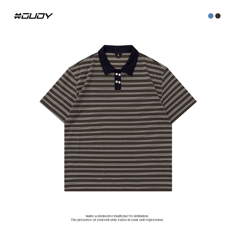 OVDY Striped Lapel Casual Polo Shirt