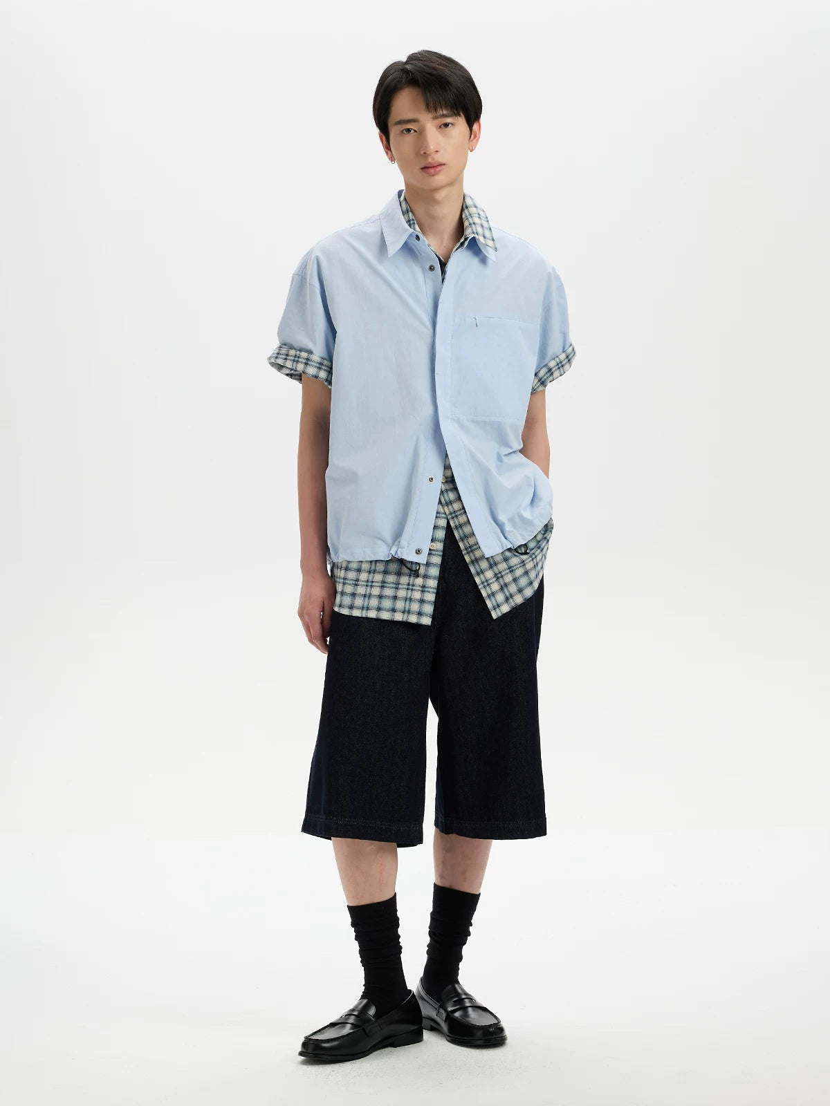 BUTTBILL Hem Elastic Cotton and Linen Short-sleeved Shirt