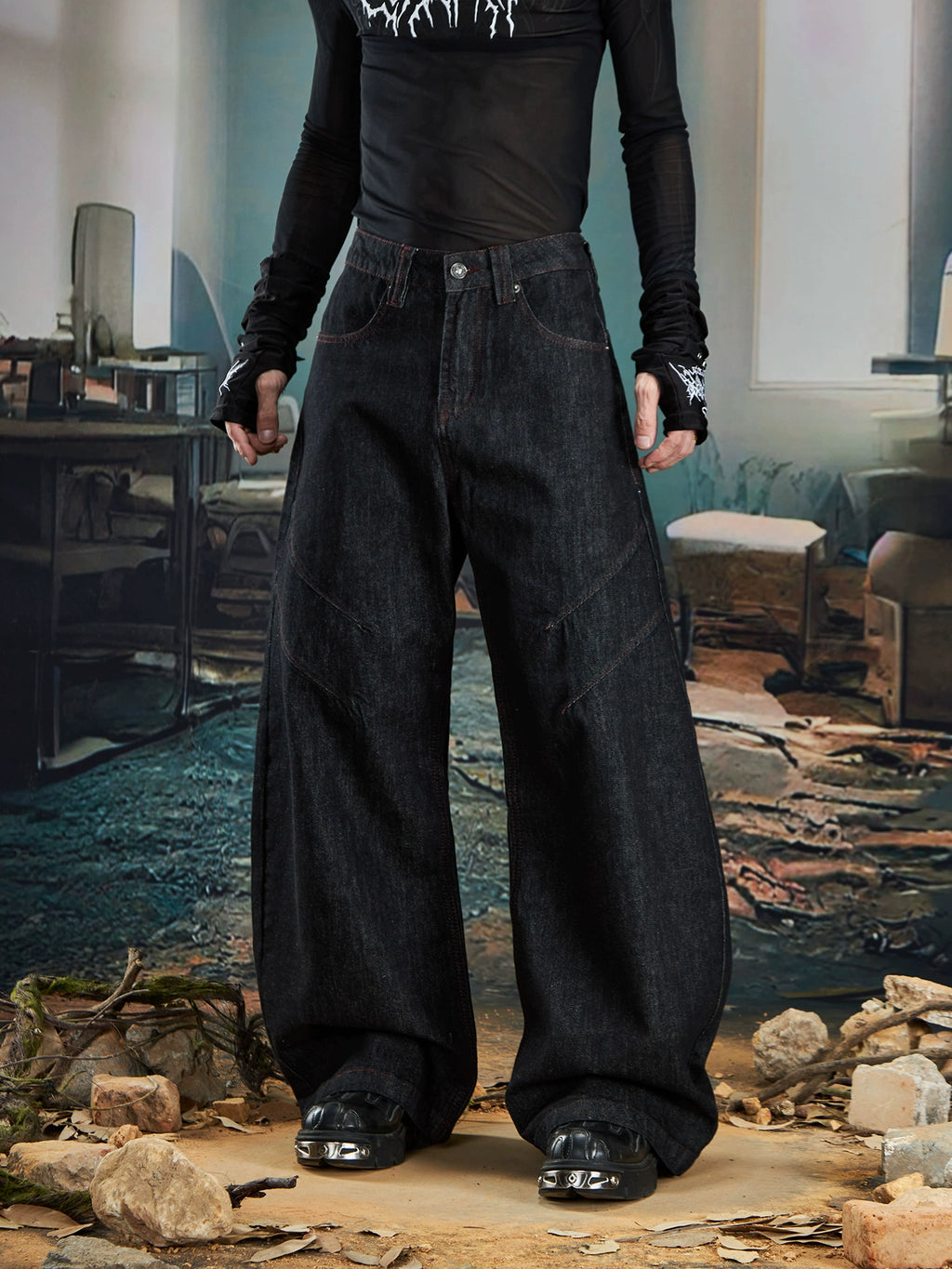 NOMANIAI Versatile Bright Line Loose Wide-leg Scimitar Jeans