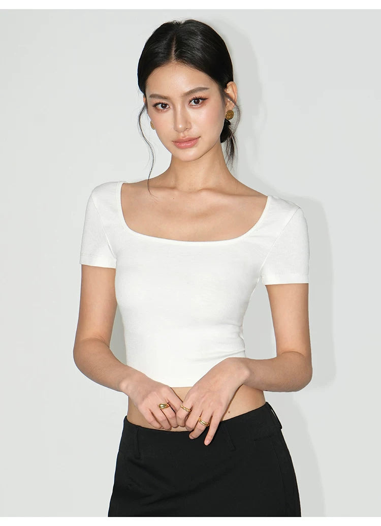NEVA HU Square Collar Slim-fitting Versatile Short Button Tee