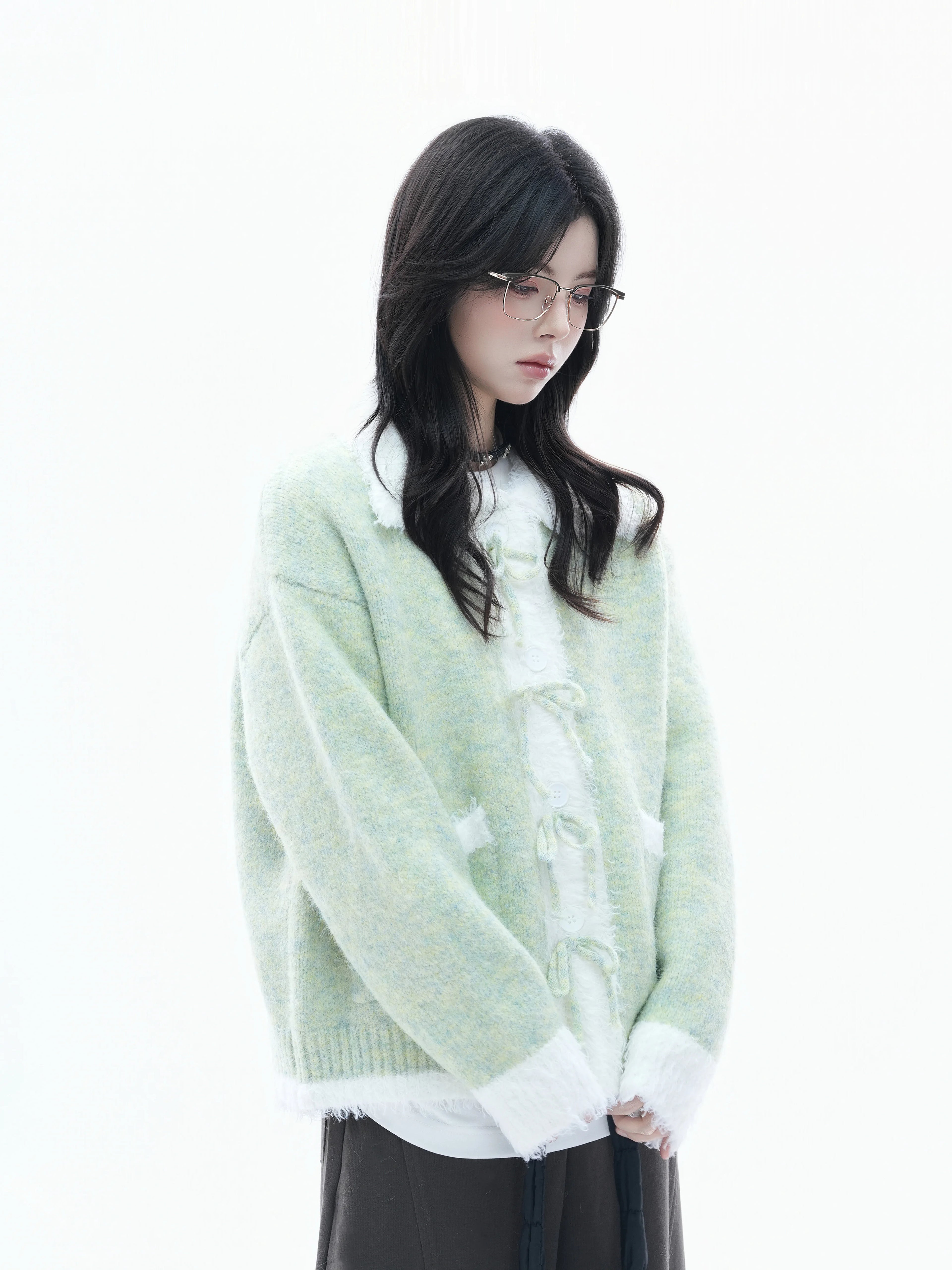 Zuocisankon Contrasting Bow Knitted Cardigan Sweater