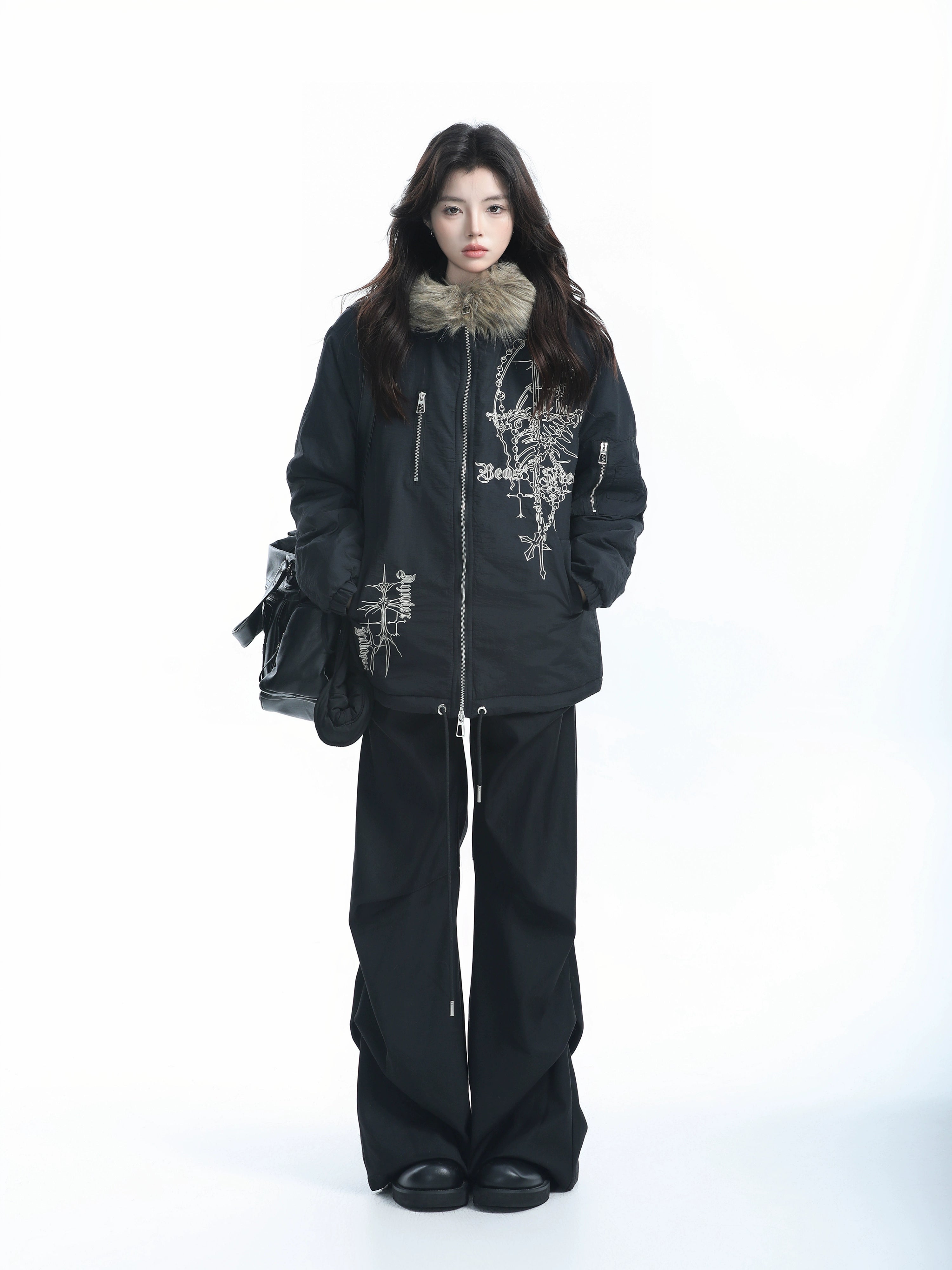 Zuocisankon Vintage Fur Collar Hooded Cotton Dress