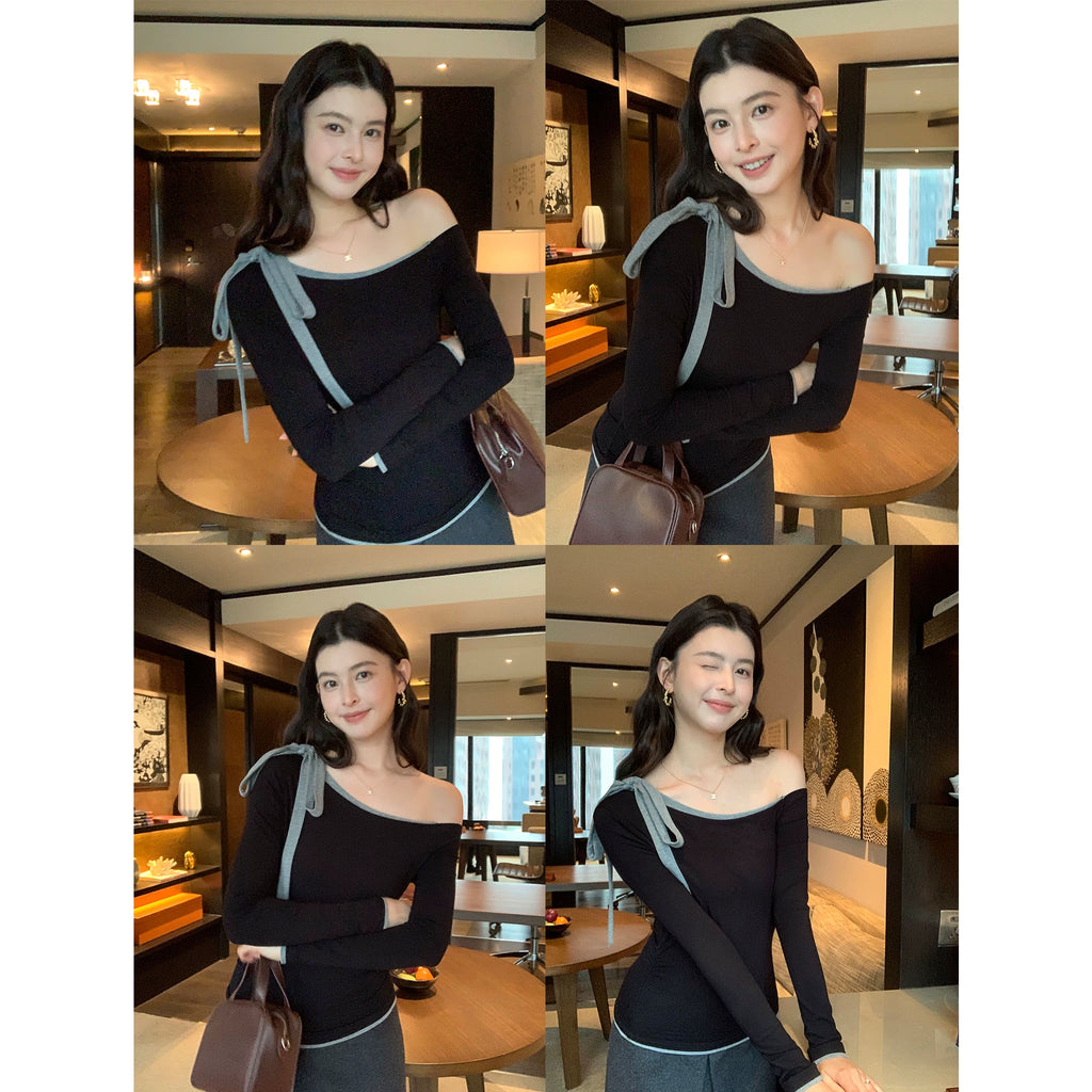 Pusumede Strappy Temperament Slim Slanted Shoulder Knitted Long Sleeves