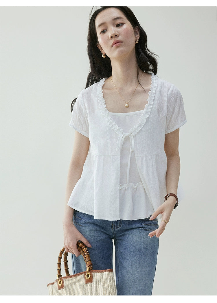 VOOE Light Fungus Lace V-neck Cardigan Two-piece Set