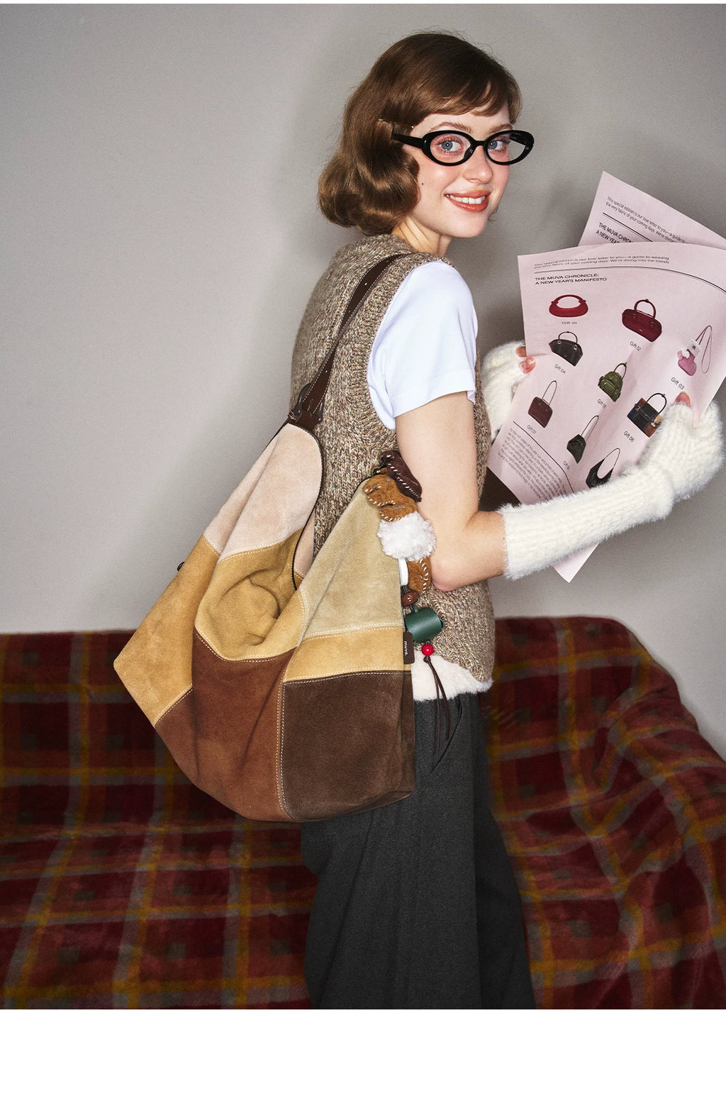 MUVA Cowhide Velvet Color Matching Stray Bag Large Capacity Shoulder Messenger Bag